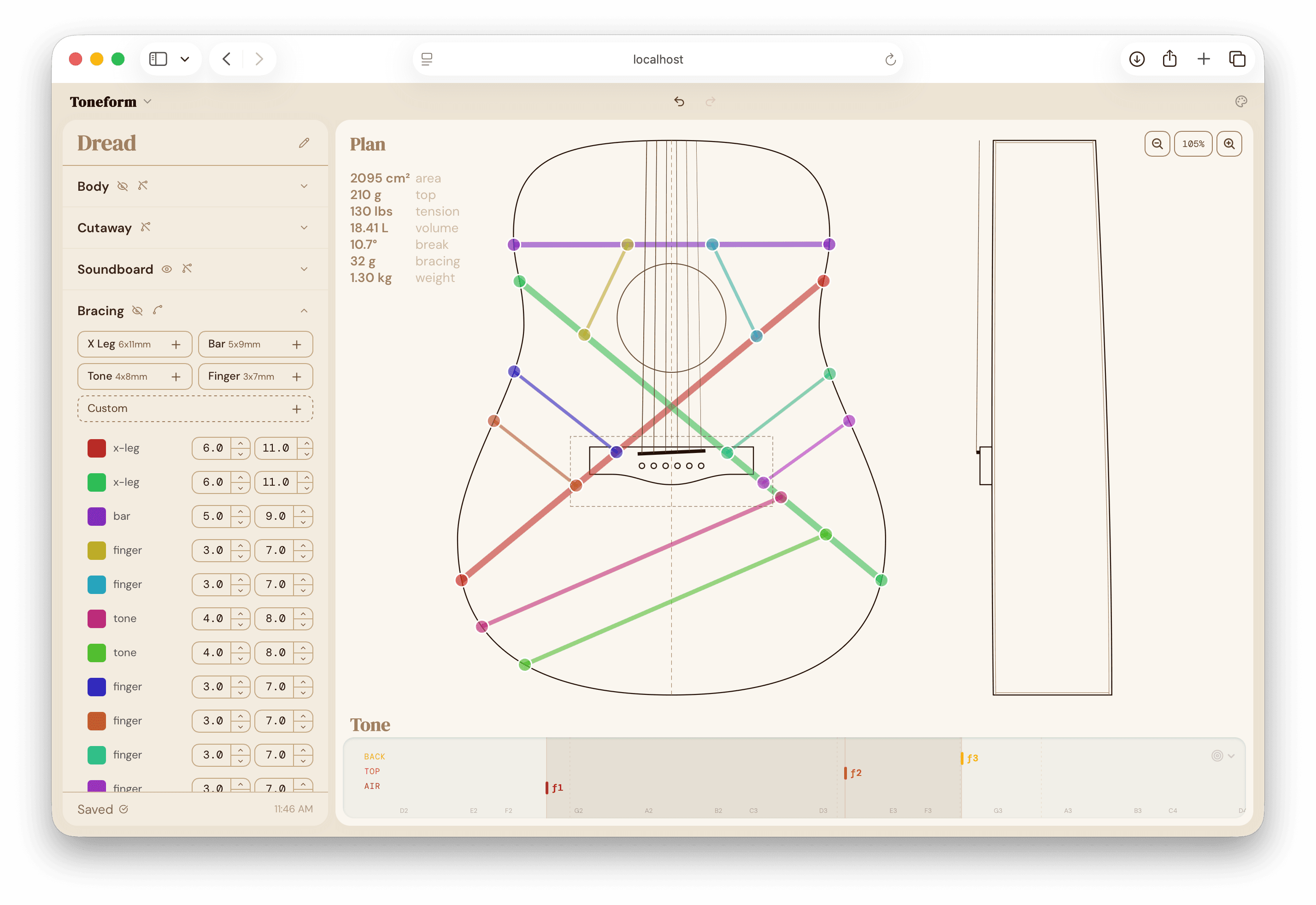 Full Toneform workspace showing bracing, neck, and parameter panels